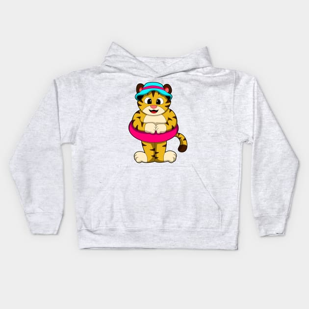 Tiger at Swimming with Swim ring & Hat Kids Hoodie by Markus Schnabel